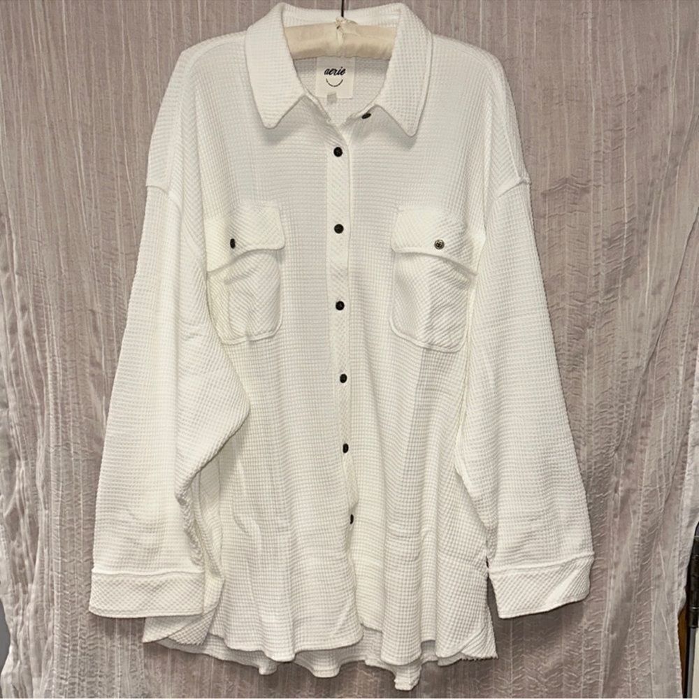 aerie XXL Lumber Jane White Waffle Knit Button Front Collared Shirt